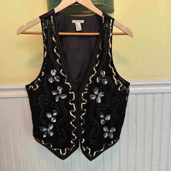 Forever 21 Black gold silver sequin vest hook closure M - Picture 1 of 6
